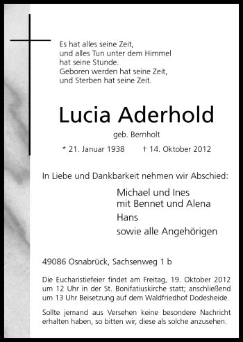 Traueranzeige von Lucia Aderhold von Neue Osnabrücker Zeitung GmbH & Co. KG