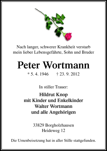 Traueranzeige von Peter Wortmann von Neue Osnabrücker Zeitung GmbH & Co. KG