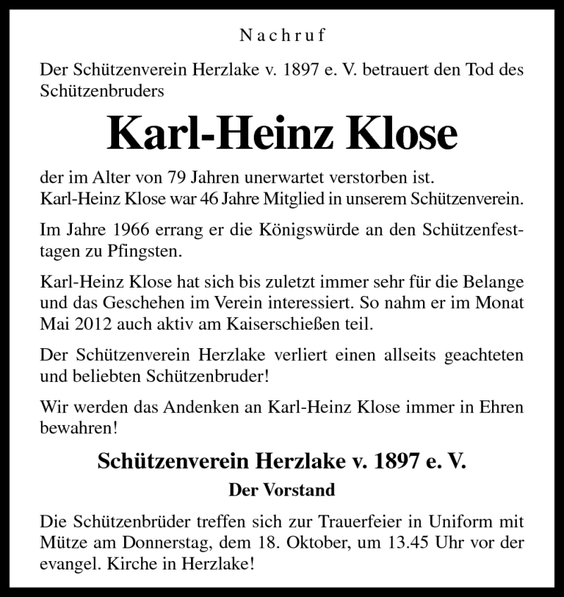  Traueranzeige für Karl-Heinz Klose vom 17.10.2012 aus Neue Osnabrücker Zeitung GmbH & Co. KG