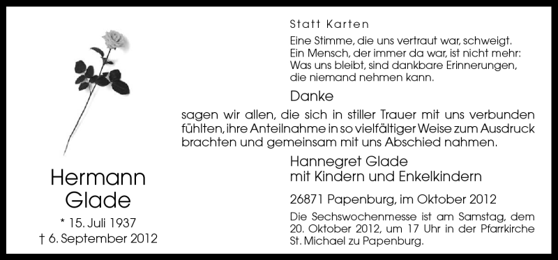  Traueranzeige für Hermann Glade vom 17.10.2012 aus Neue Osnabrücker Zeitung GmbH & Co. KG