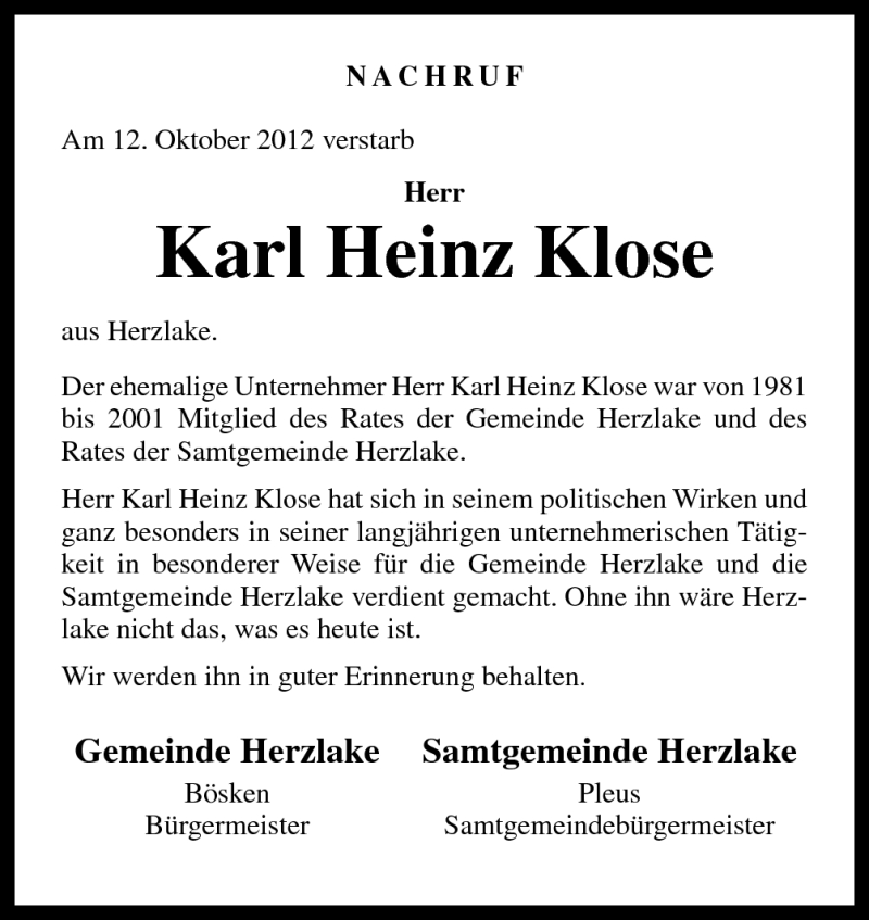  Traueranzeige für Karl-Heinz Klose vom 17.10.2012 aus Neue Osnabrücker Zeitung GmbH & Co. KG