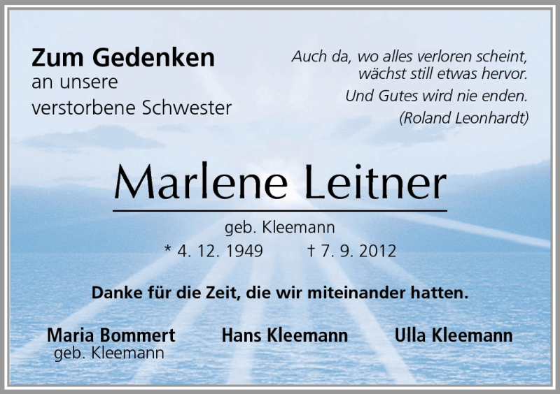  Traueranzeige für Marlene Leitner vom 20.10.2012 aus Neue Osnabrücker Zeitung GmbH & Co. KG
