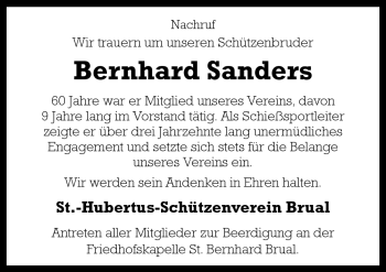 Traueranzeige von Bernhard Sanders von Neue Osnabrücker Zeitung GmbH & Co. KG