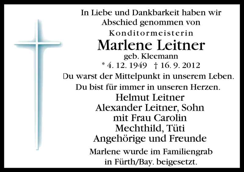  Traueranzeige für Marlene Leitner vom 20.10.2012 aus Neue Osnabrücker Zeitung GmbH & Co. KG