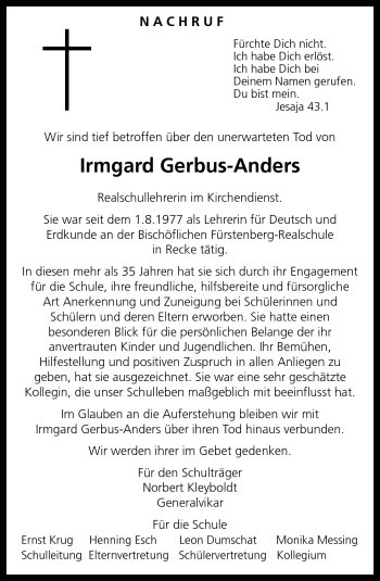 Traueranzeige von Irmgard Gerbus-Anders von Neue Osnabrücker Zeitung GmbH & Co. KG