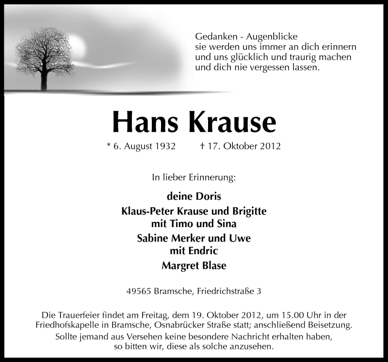  Traueranzeige für Hans Krause vom 18.10.2012 aus Neue Osnabrücker Zeitung GmbH & Co. KG