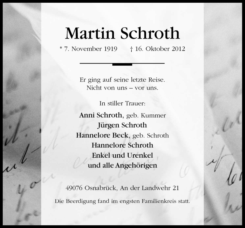  Traueranzeige für Martin Schroth vom 22.10.2012 aus Neue Osnabrücker Zeitung GmbH & Co. KG