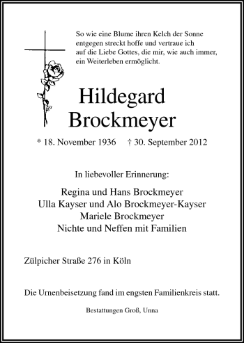 Traueranzeige von Hildegard Brockmeyer von Neue Osnabrücker Zeitung GmbH & Co. KG