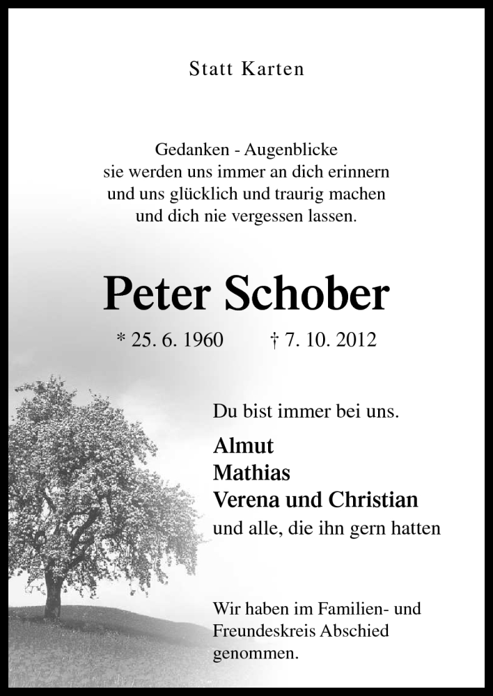  Traueranzeige für Peter Schober vom 20.10.2012 aus Neue Osnabrücker Zeitung GmbH & Co. KG