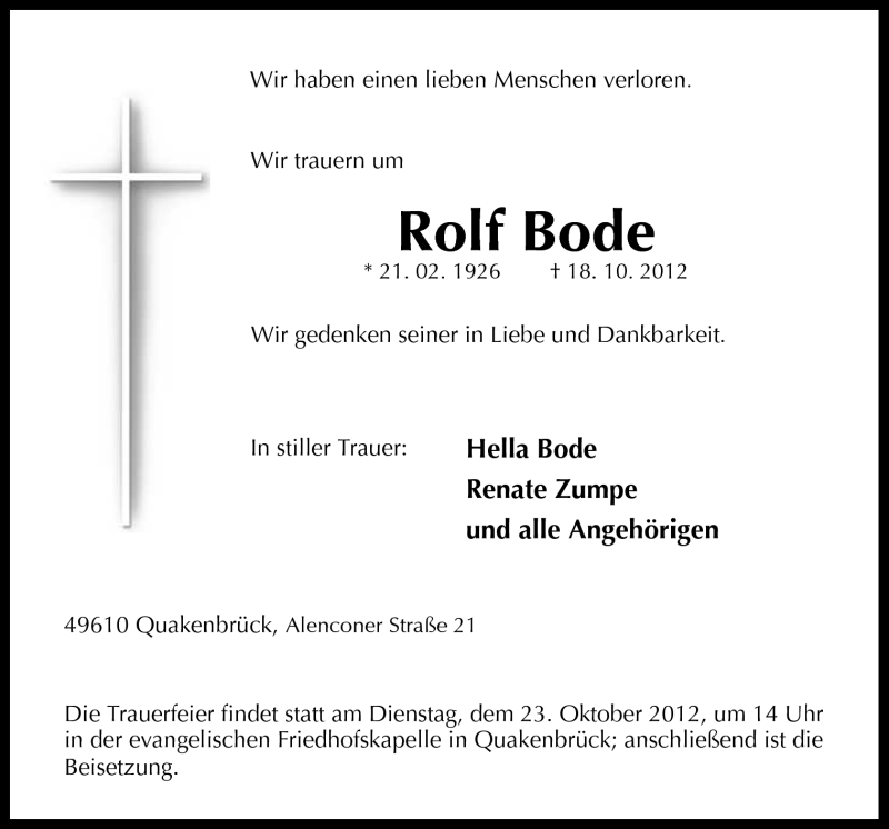  Traueranzeige für Rolf Bode vom 22.10.2012 aus Neue Osnabrücker Zeitung GmbH & Co. KG