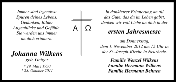 Traueranzeige von Johanna Wilkens geb. Geiger von Neue Osnabrücker Zeitung GmbH & Co. KG