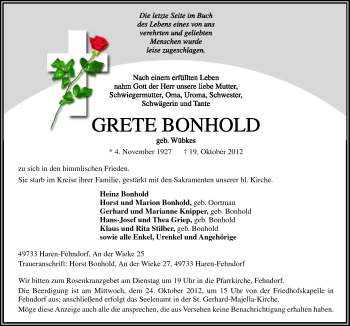 Traueranzeige von Grete Bonhold von Neue Osnabrücker Zeitung GmbH & Co. KG