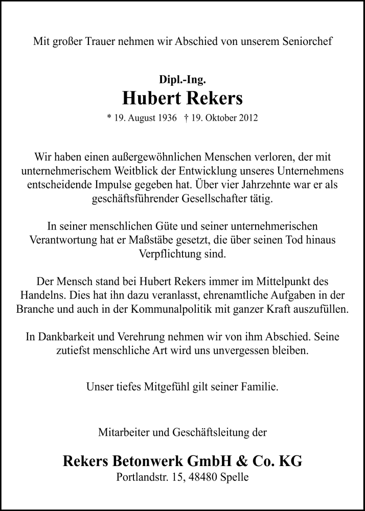  Traueranzeige für Hubert Rekers vom 22.10.2012 aus Neue Osnabrücker Zeitung GmbH & Co. KG