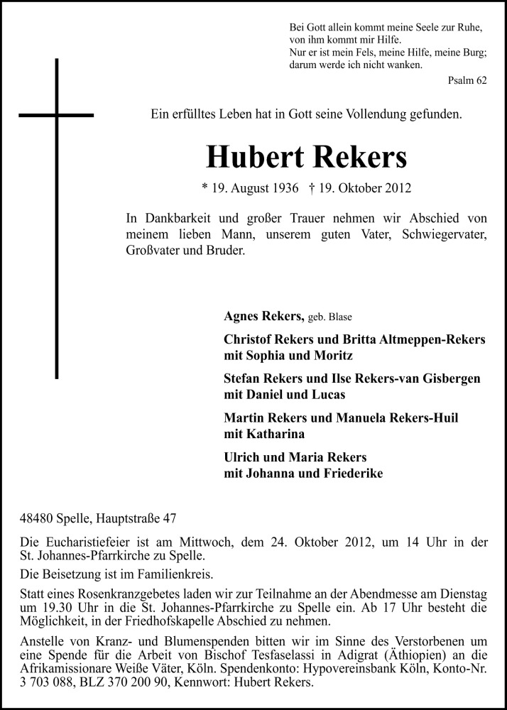  Traueranzeige für Hubert Rekers vom 22.10.2012 aus Neue Osnabrücker Zeitung GmbH & Co. KG