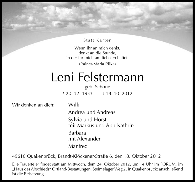  Traueranzeige für Leni Felstermann vom 22.10.2012 aus Neue Osnabrücker Zeitung GmbH & Co. KG