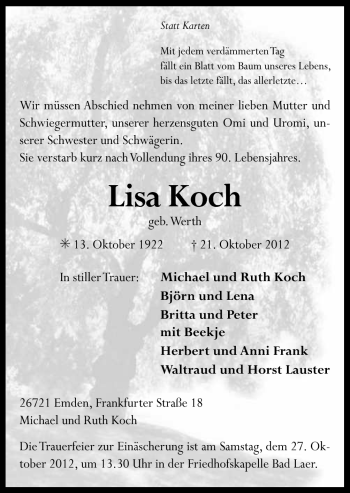 Traueranzeige von Lisa Koch von Neue Osnabrücker Zeitung GmbH & Co. KG