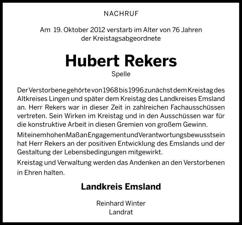  Traueranzeige für Hubert Rekers vom 24.10.2012 aus Neue Osnabrücker Zeitung GmbH & Co. KG