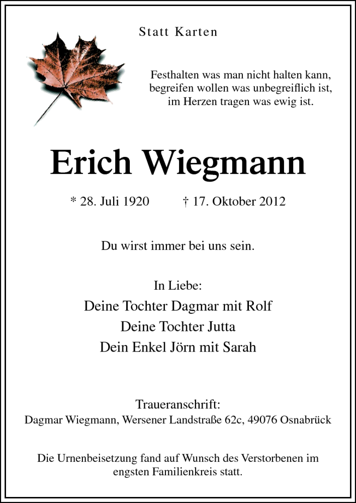  Traueranzeige für Erich Wiegmann vom 29.10.2012 aus Neue Osnabrücker Zeitung GmbH & Co. KG