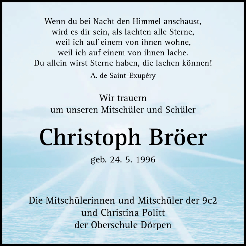  Traueranzeige für Christoph Bröer vom 24.10.2012 aus Neue Osnabrücker Zeitung GmbH & Co. KG