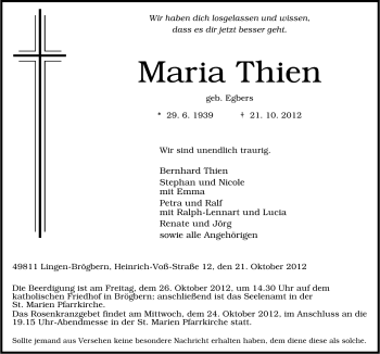 Traueranzeige von Maria Thien von Neue Osnabrücker Zeitung GmbH & Co. KG