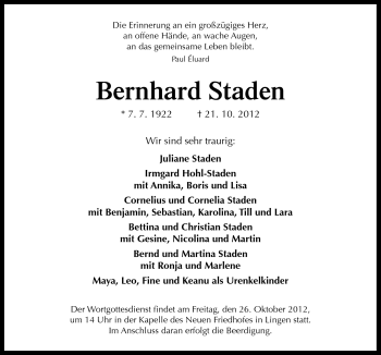 Traueranzeige von Bernhard Staden von Neue Osnabrücker Zeitung GmbH & Co. KG