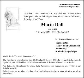 Traueranzeige von Maria Dall von Neue Osnabrücker Zeitung GmbH & Co. KG