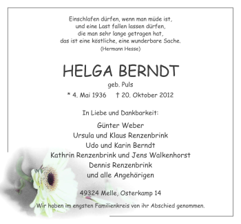 Traueranzeige von Helga Berndt von Neue Osnabrücker Zeitung GmbH & Co. KG