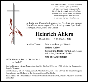 Traueranzeige von Heinrich Ahlers von Neue Osnabrücker Zeitung GmbH & Co. KG