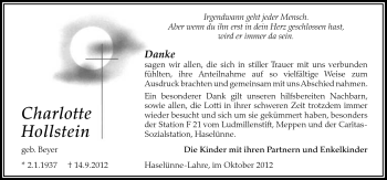 Traueranzeige von Charlotte Hollstein von Neue Osnabrücker Zeitung GmbH & Co. KG