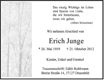 Traueranzeige von Erich Junge von Neue Osnabrücker Zeitung GmbH & Co. KG