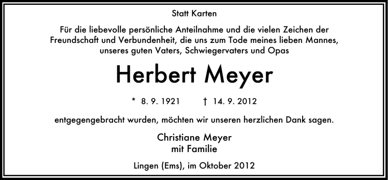  Traueranzeige für Herbert Meyer vom 27.10.2012 aus Neue Osnabrücker Zeitung GmbH & Co. KG