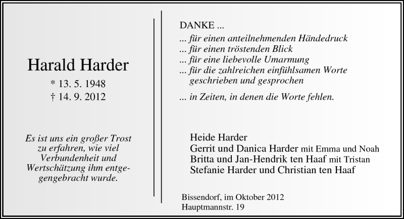  Traueranzeige für Harald Harder vom 27.10.2012 aus Neue Osnabrücker Zeitung GmbH & Co. KG