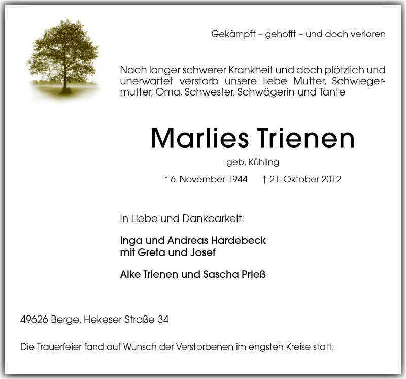 Traueranzeige für Marlies Trienen vom 27.10.2012 aus Neue Osnabrücker Zeitung GmbH & Co. KG