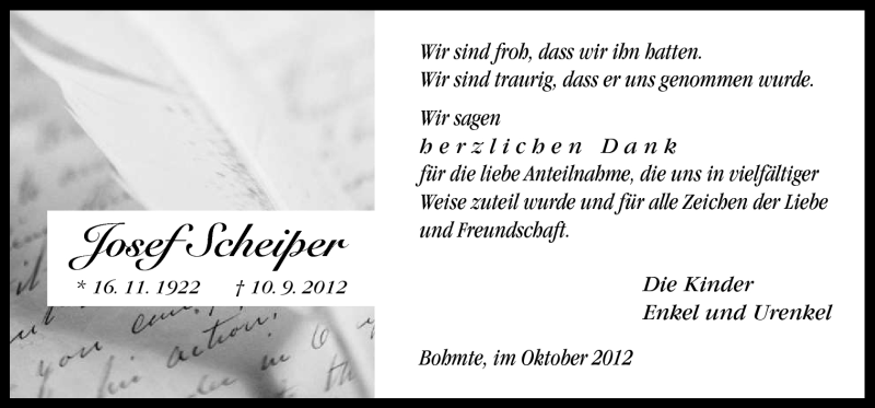  Traueranzeige für Josef Scheiper vom 27.10.2012 aus Neue Osnabrücker Zeitung GmbH & Co. KG