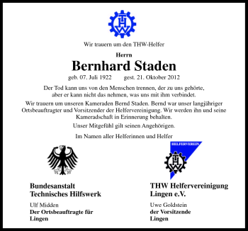 Traueranzeige von Bernhard Staden von Neue Osnabrücker Zeitung GmbH & Co. KG