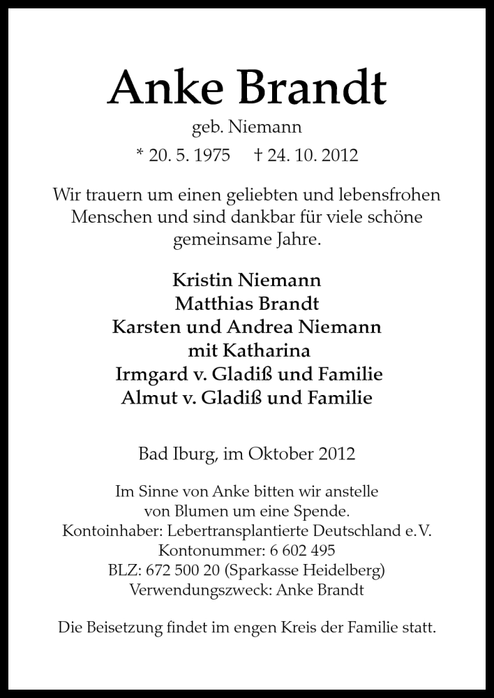  Traueranzeige für Anke Brandt vom 30.10.2012 aus Neue Osnabrücker Zeitung GmbH & Co. KG