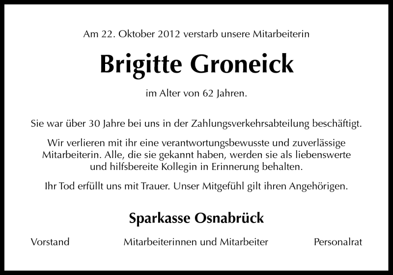  Traueranzeige für Brigitte Groneick vom 30.10.2012 aus Neue Osnabrücker Zeitung GmbH & Co. KG