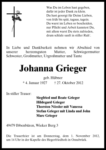 Traueranzeige von Johanna Grieger von Neue Osnabrücker Zeitung GmbH & Co. KG