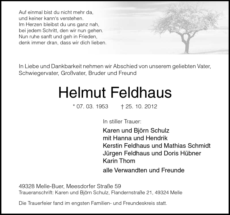  Traueranzeige für Helmut Feldhaus vom 31.10.2012 aus Neue Osnabrücker Zeitung GmbH & Co. KG