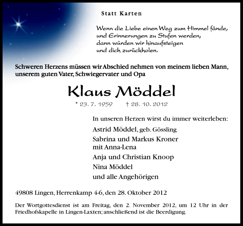  Traueranzeige für Klaus Möddel vom 31.10.2012 aus Neue Osnabrücker Zeitung GmbH & Co. KG