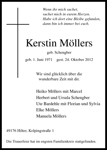 Traueranzeige von Kerstin Möllers von Neue Osnabrücker Zeitung GmbH & Co. KG