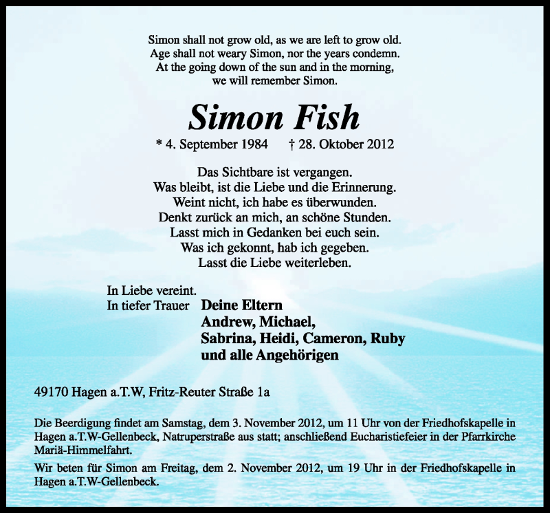  Traueranzeige für Simon Fish vom 31.10.2012 aus Neue Osnabrücker Zeitung GmbH & Co. KG