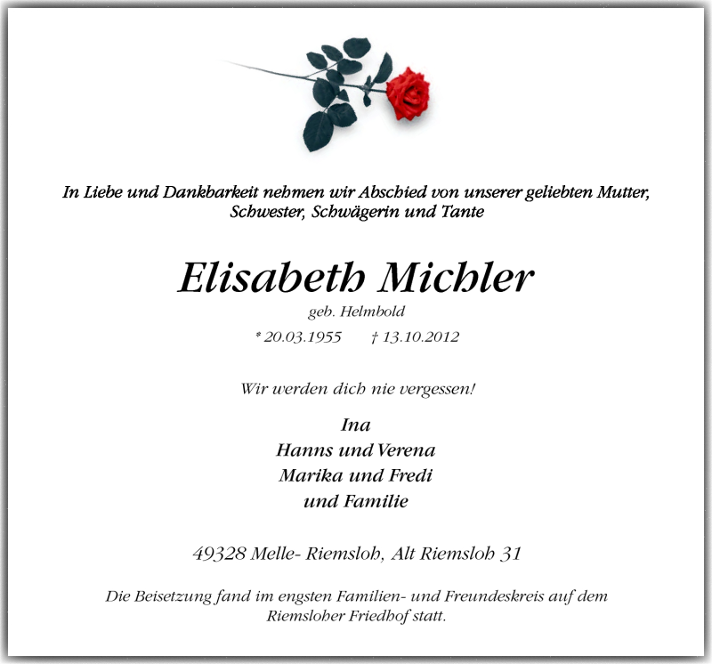  Traueranzeige für Elisabeth Michler vom 03.11.2012 aus Neue Osnabrücker Zeitung GmbH & Co. KG