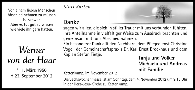  Traueranzeige für Werner von der Haar vom 03.11.2012 aus Neue Osnabrücker Zeitung GmbH & Co. KG