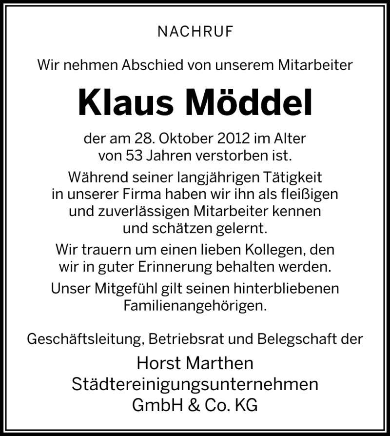  Traueranzeige für Klaus Möddel vom 02.11.2012 aus Neue Osnabrücker Zeitung GmbH & Co. KG