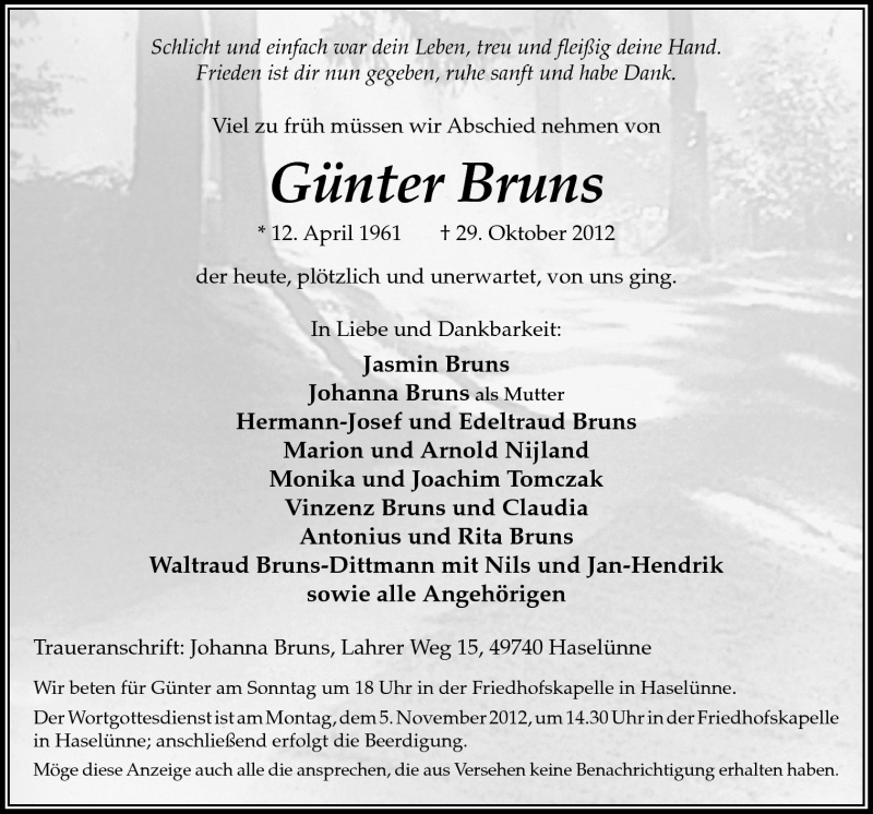  Traueranzeige für Günter Bruns vom 02.11.2012 aus Neue Osnabrücker Zeitung GmbH & Co. KG