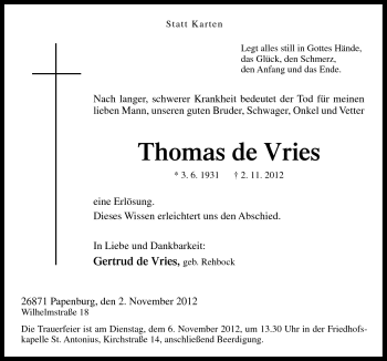 Traueranzeige von Thomas de Vries von Neue Osnabrücker Zeitung GmbH & Co. KG