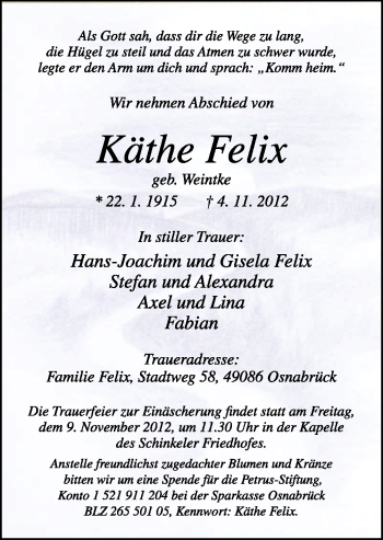 Traueranzeige von Käthe Felix von Neue Osnabrücker Zeitung GmbH & Co. KG