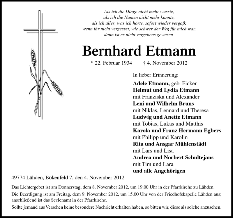  Traueranzeige für Bernhard Etmann vom 06.11.2012 aus Neue Osnabrücker Zeitung GmbH & Co. KG