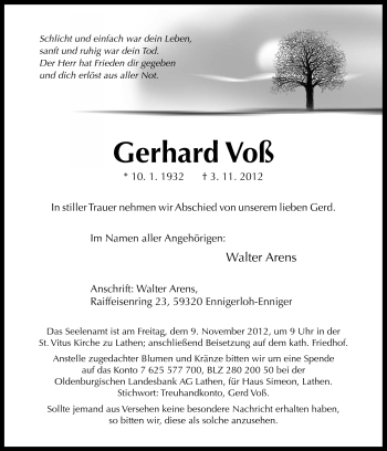 Traueranzeige von Gerhard Voß von Neue Osnabrücker Zeitung GmbH & Co. KG
